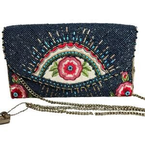Mary Frances Blue Beaded Mystic Flap Crossbody Bag Gold Chain Crossbody